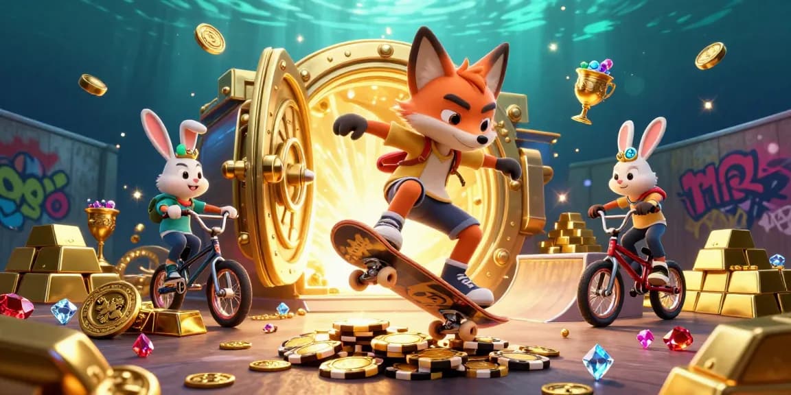 Experience thrilling gameplay with 33Win as a skateboarder fox and BMX rabbit celebrate casino wins in an exciting scene.
