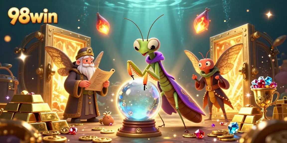 Engage with the dynamic world of 98win casino in this vibrant, magical illustration.