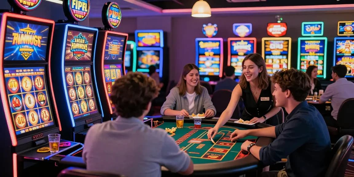 Friends enjoying online gaming at https://dea.org.uk, vibrant casino atmosphere with slot machines and live dealers.