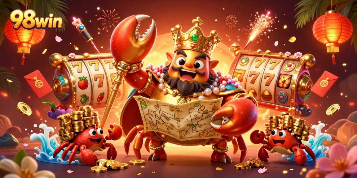 Join the thrilling excitement of 98win with a vibrant casino scene featuring golden crab emperor and dynamic slot elements.