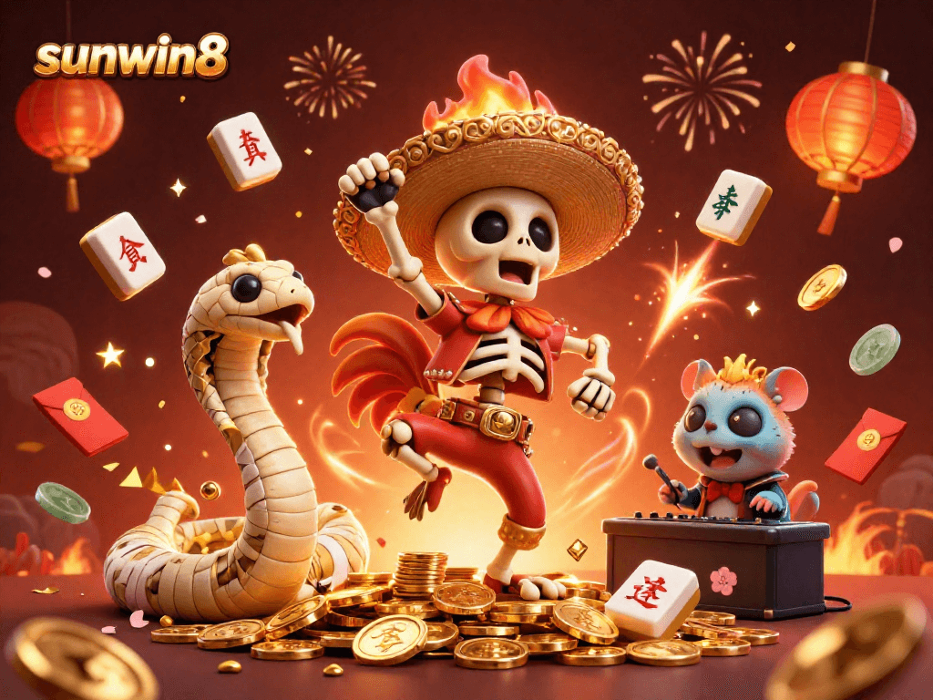 Engage in excitement at sunwin8, featuring a vibrant celebration scene with a dancing rooster and festive elements.