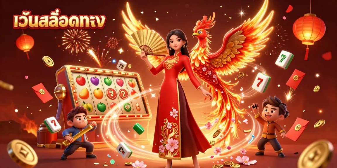 Experience the excitement of เว็บสล็อตตรง with vibrant slot reels, a stunning woman in ao dai, and a phoenix.