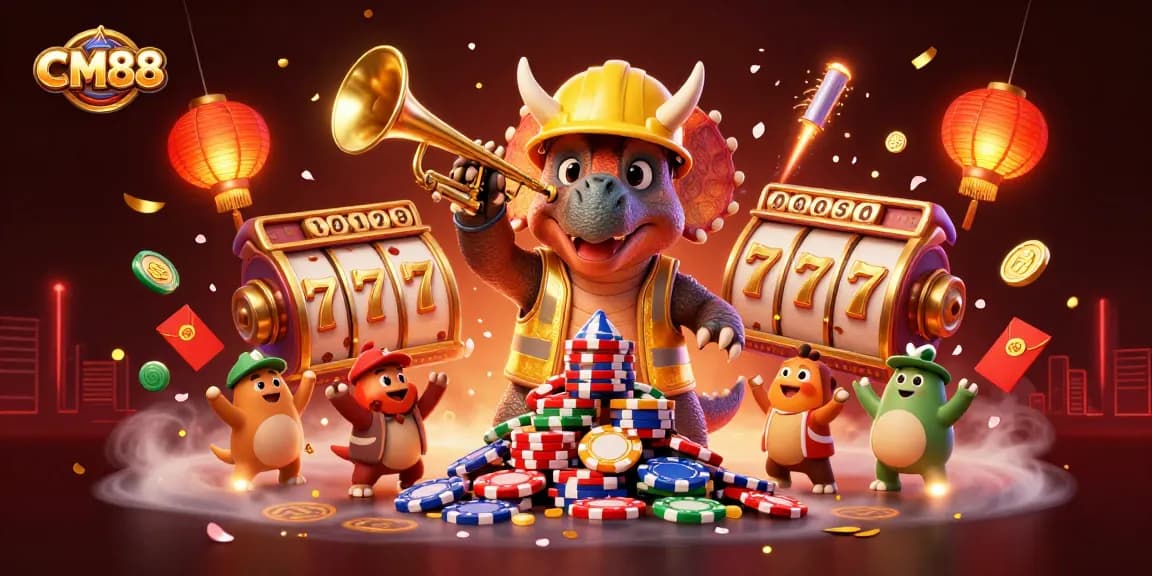 CM88 celebrates a vibrant casino scene with a triceratops building poker chips amidst joyful characters and festive elements.