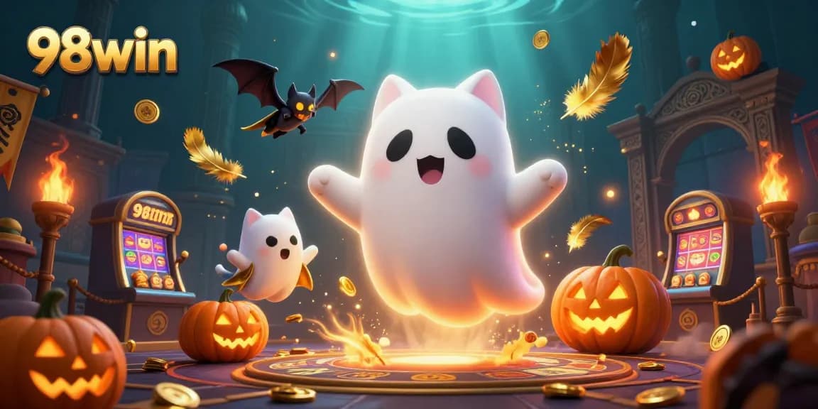 Engage with the 98win gaming experience featuring a ghost cat and bat in a haunted casino.