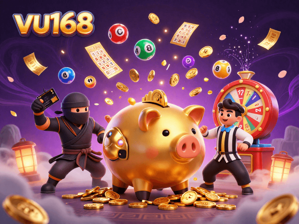 Engage in thrilling action with the vu168 platform featuring a golden piggy bank sumo wrestler, vibrant lottery elements, and dynamic prizes.
