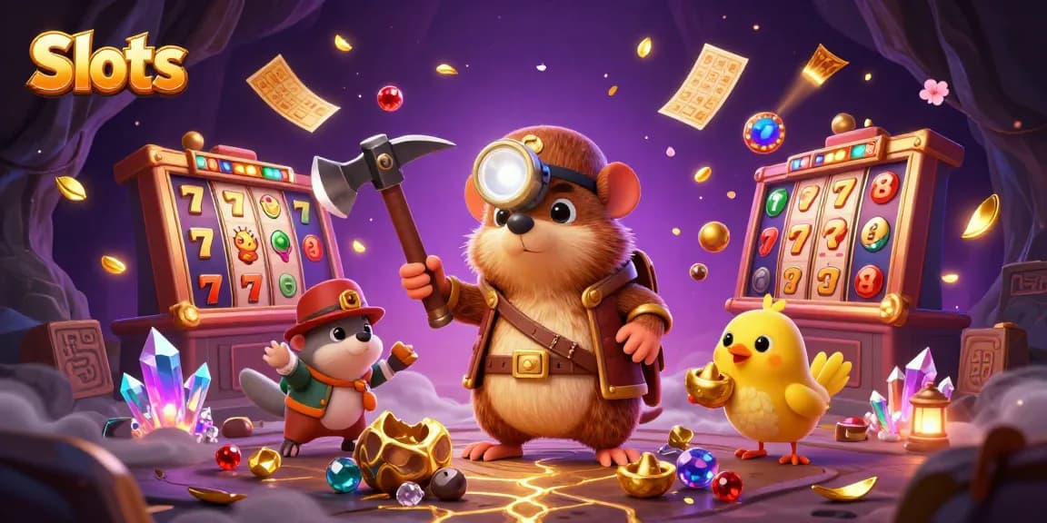 Engaging Slots scene with a treasure hunter mole, canary companion, and dynamic casino elements.
