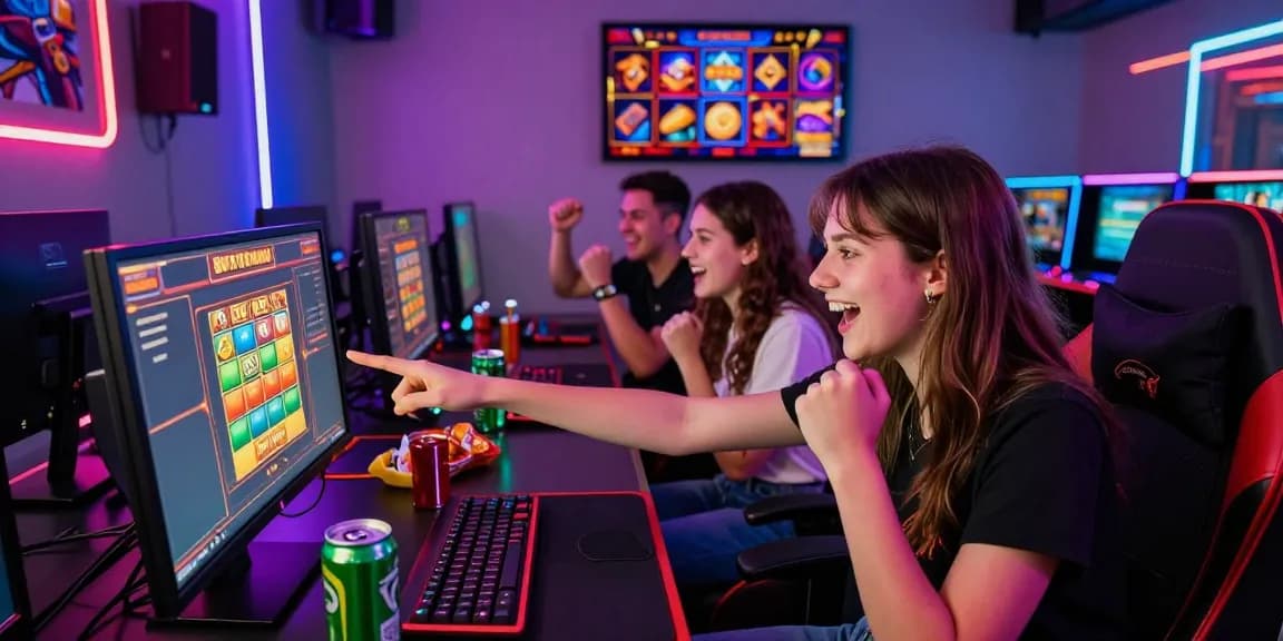 Excited group playing bonus buy slots in a vibrant gaming environment, showcasing the social aspect of online casinos.