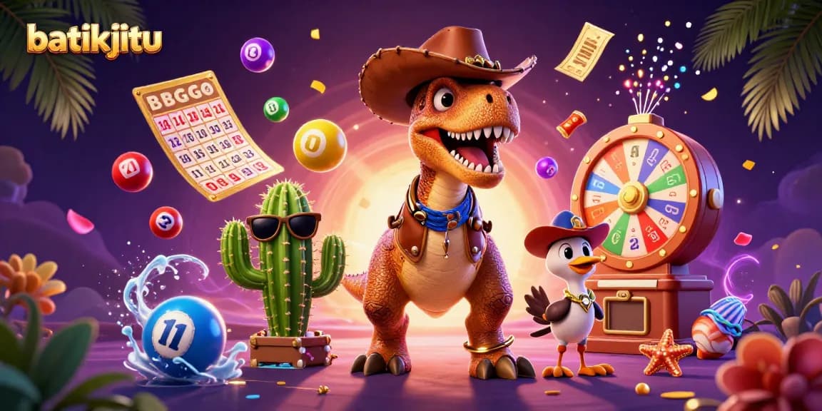 Permainan batikjitu dengan karakter dinosaur cowboy dan elemen lotere yang dinamis, menciptakan pengalaman bermain yang seru.