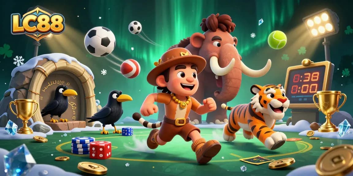 Experience the dynamic action of LC88 with a prehistoric casino theme and vibrant gaming elements.
