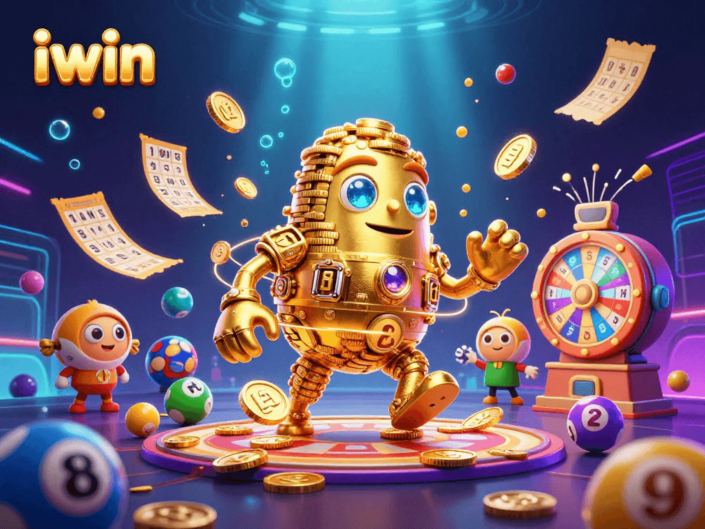 Experience gaming excitement at iwin with vibrant lottery elements and a golden golem mascot.