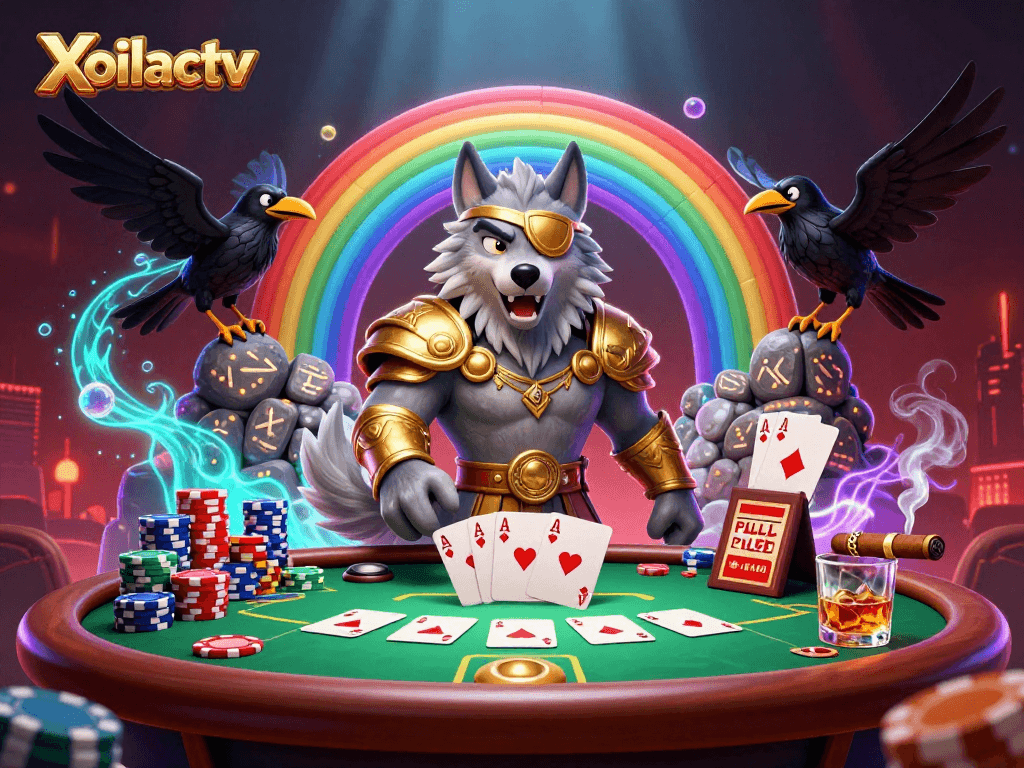 Xoilactv highlights a Norse-inspired casino scene with mythical wolf and ravens amidst poker elements.