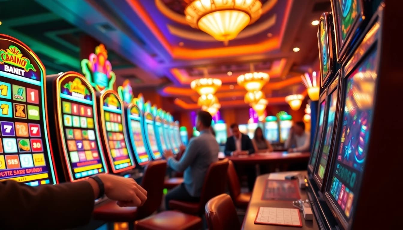 Permainan slot di landaktoto menampilkan pemain yang bersemangat dan suasana kasino yang meriah.