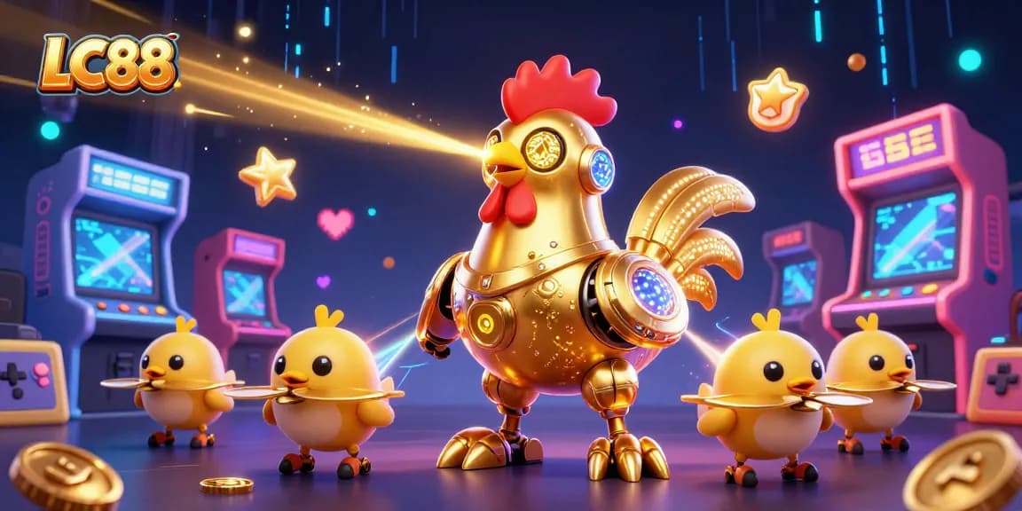 Engage in thrilling games at LC88 with vibrant robots and arcade elements illustrating a dynamic casino experience.