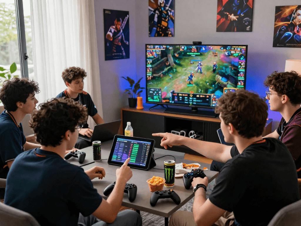 Exciting esports betting scene at home with friends analyzing League of Legends strategies for Esportspro.