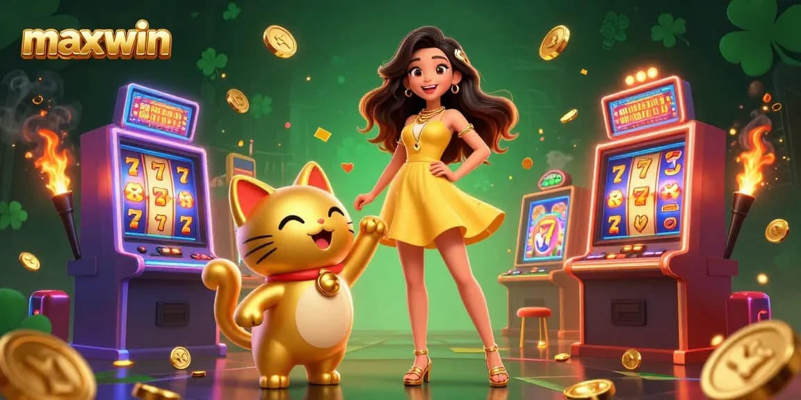 Maxwin illustrates a beautiful Asian woman beside a lucky cat, surrounded by vibrant slot machines and gold coins.