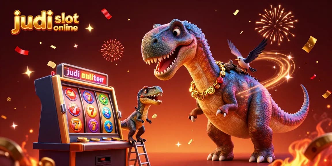 Menggenggam peluang dengan judi slot online, dinosaurus 3D memukau di kasino dengan simbol keberuntungan.