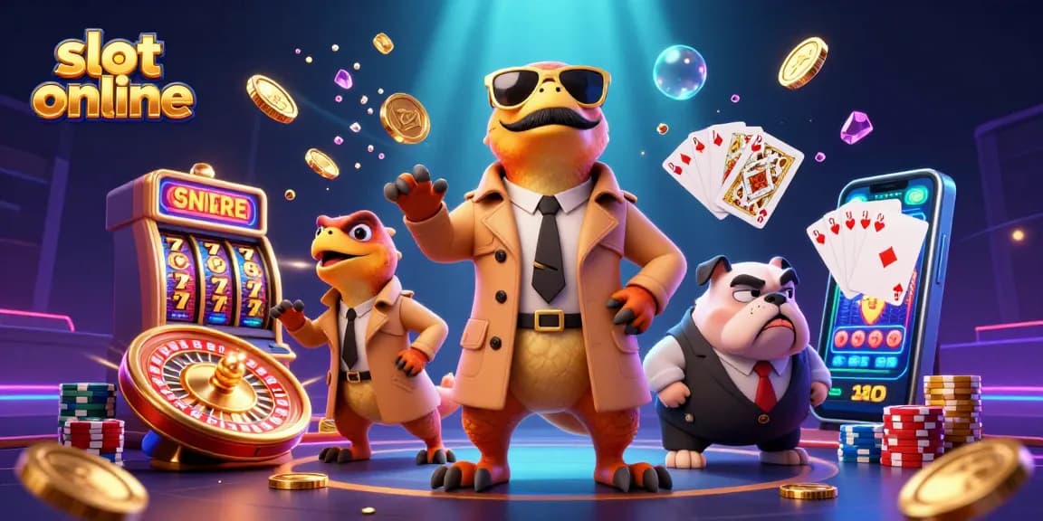 Permainan slot online menarik dengan tiga raptor kartun dalam jaket trench dan elemen kasino lainnya.