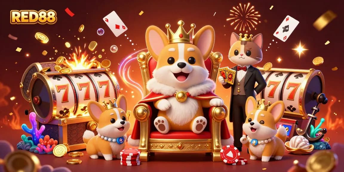 Experience the charm of RED88 Casino with a royal corgi in a vibrant and dynamic gambling scene.