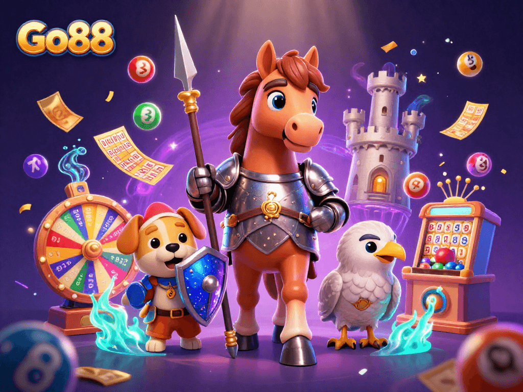 Win at Go88 with engaging lottery elements in a vibrant 3D casino scene.
