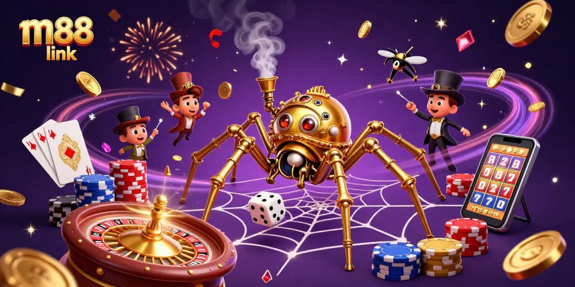 Experience thrilling moments at m88 link with the dynamic steampunk spider and casino elements.