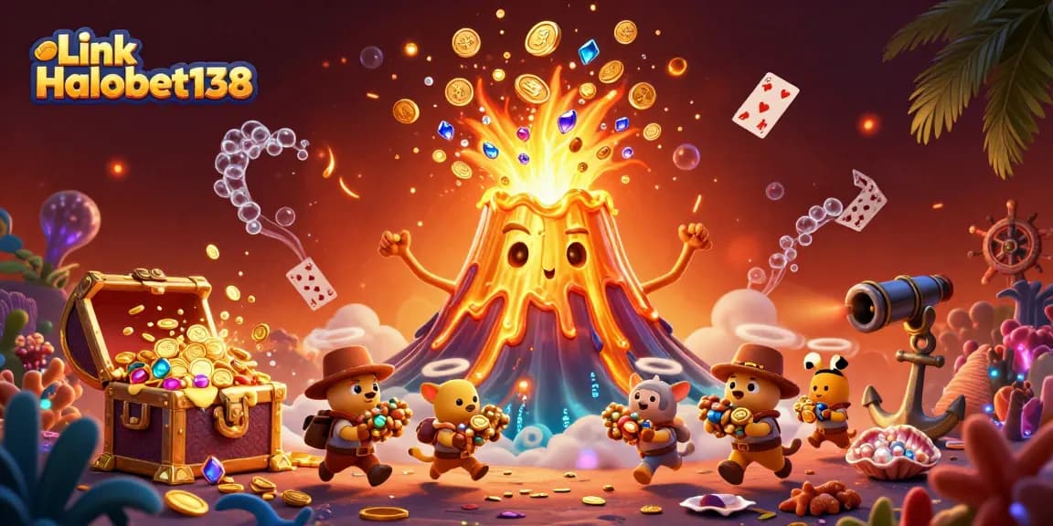 Engage with the excitement of Link Halobet138, featuring a thrilling 3D illustration of a golden volcano and treasure.