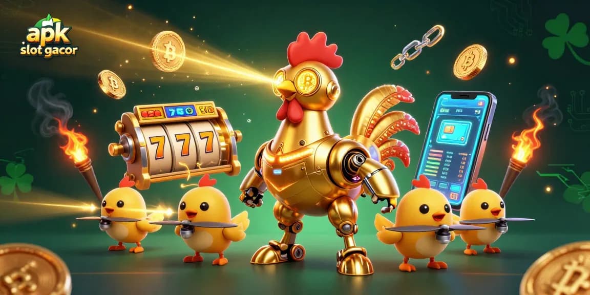 Engage with apk slot gacor showcasing vibrant slot reels, neon cryptocurrency coins, in a dynamic casino scene.