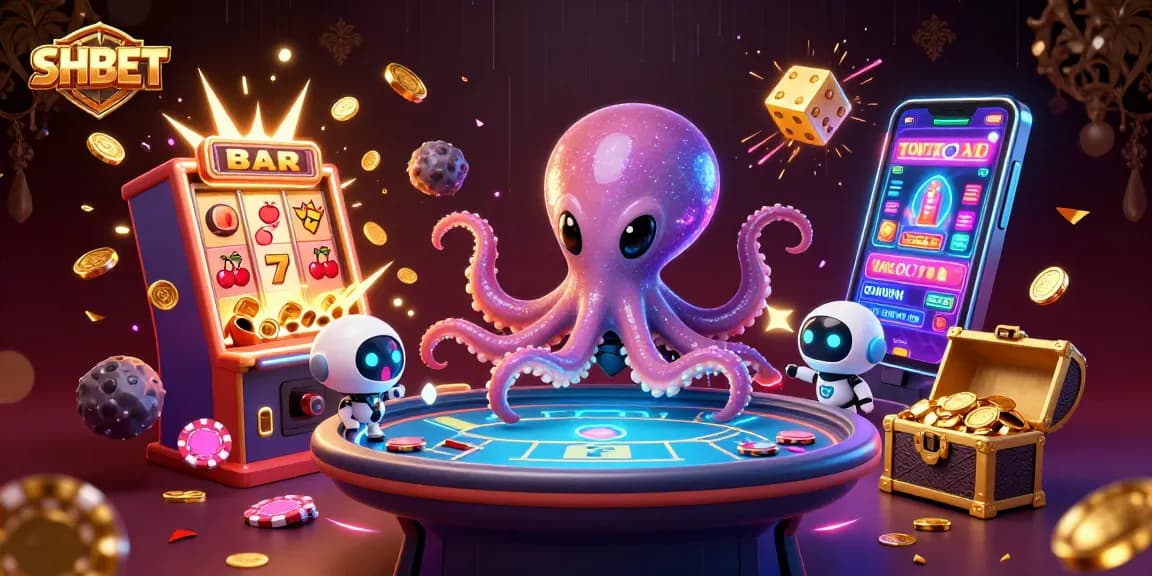 Engage in thrilling gaming adventures with SHBET at a holographic poker table surrounded by dynamic casino elements.