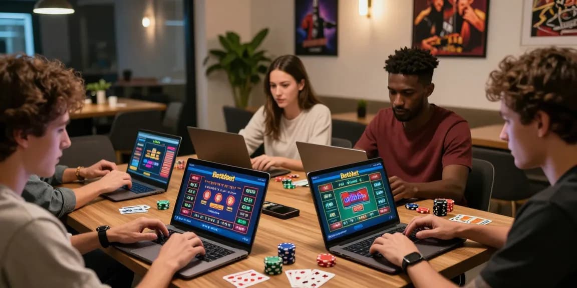 Engaged players using Betebet platform for online betting with casino chips and laptops.
