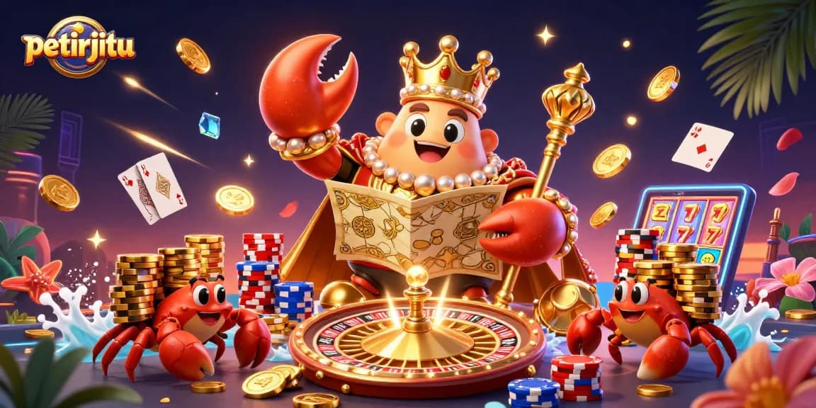 Petirjitu menghadirkan ilustrasi kasino 3D dengan kepiting emas besar dan harta karun menunggu untuk dimenangkan.