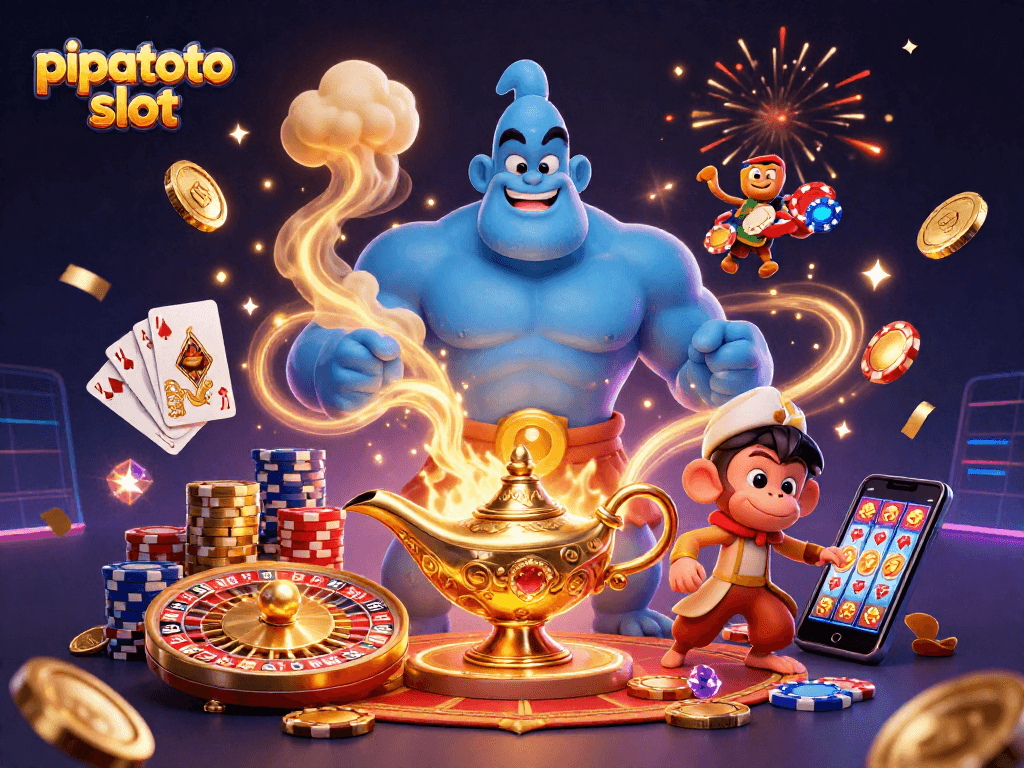 Pipatoto slot offers engaging gameplay with a vibrant scene of a genie, coins, and poker elements.