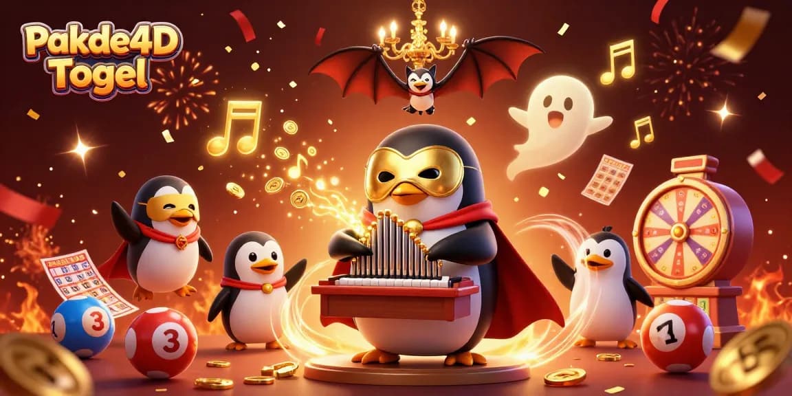 Pakde4D Togel showcases an animated penguin playing lottery-themed games, celebrating big wins.