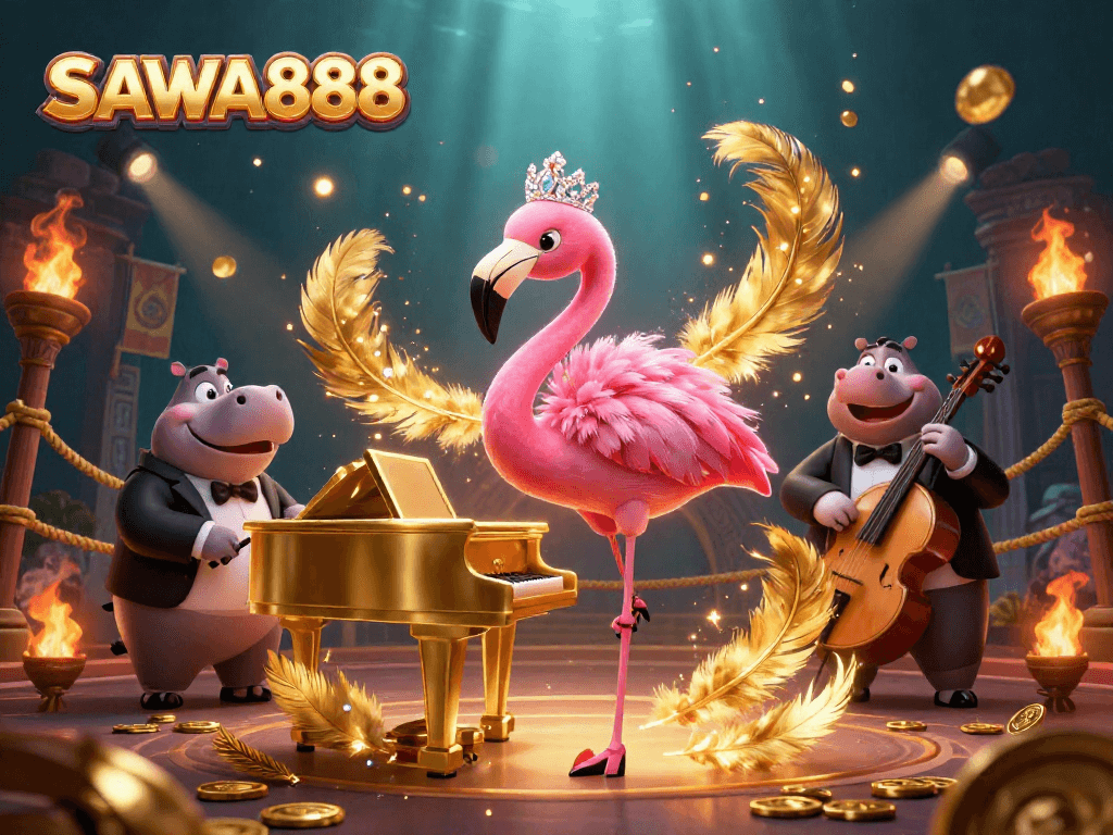 Experience the vibrant excitement of SAWA888 with captivating casino characters and golden gaming elements.