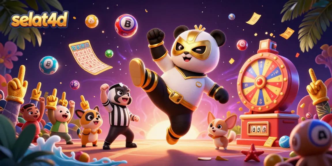 Engage in excitement with selat4d themed illustration featuring a panda wrestler and dynamic lottery elements.