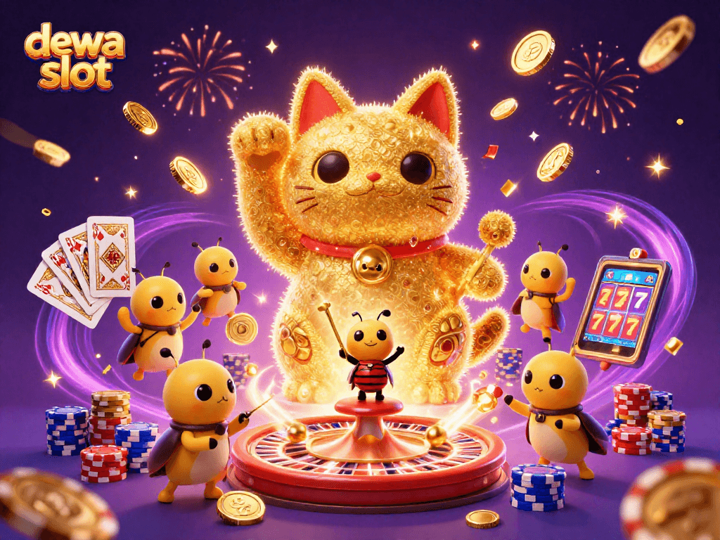 Menghadirkan keseruan judi dewa slot melalui kucing keberuntungan yang dikelilingi koin emas dan kartu.