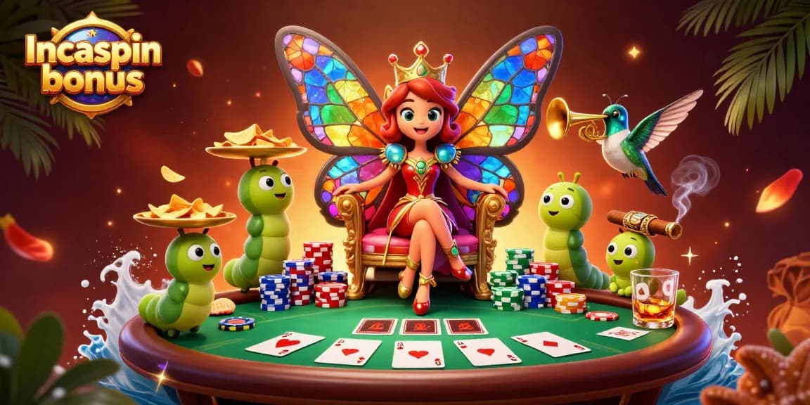 Experience the Incaspin bonus with captivating visuals of a casino scene featuring poker-themed characters.
