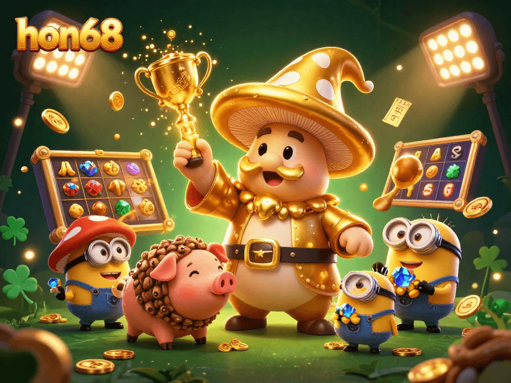 Win big with hon68 at the vibrant 3D casino illustration featuring magical characters and slot elements.