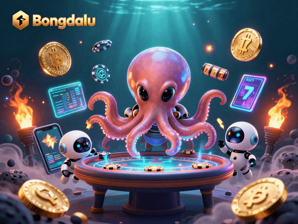 Bongdalu showcases a vibrant gaming scene with an octopus dealer and crypto elements.