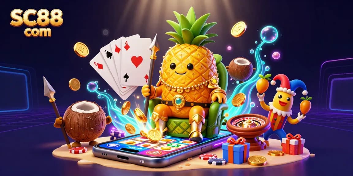 Experience exhilarating gaming action at SC88 com with a vibrant 3D casino illustration featuring dynamic characters and casino symbols.