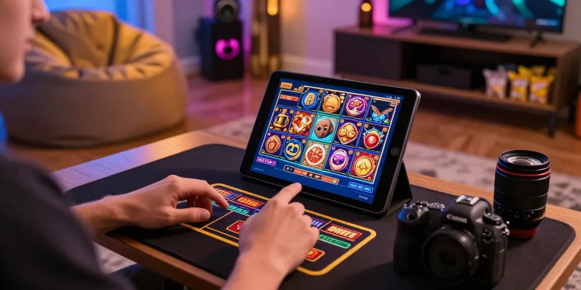 Engaging with new online casinos UK on a sleek tablet in a vibrant home gaming setup.