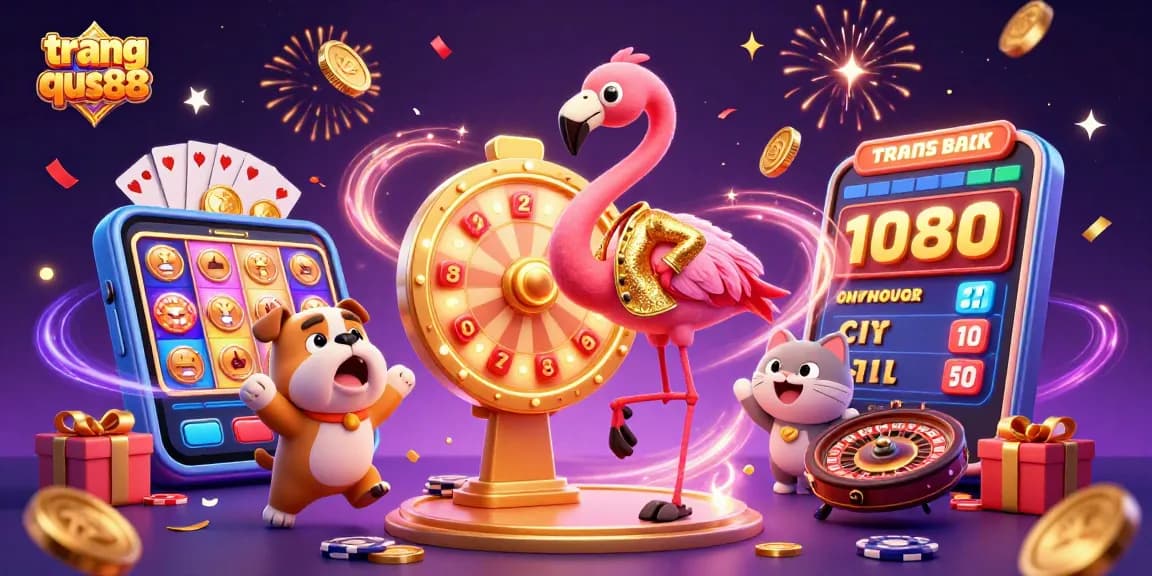 Engage with thrilling gameplay at trang chu qs88 as a flamingo spins a prize wheel while a bulldog celebrates winning.