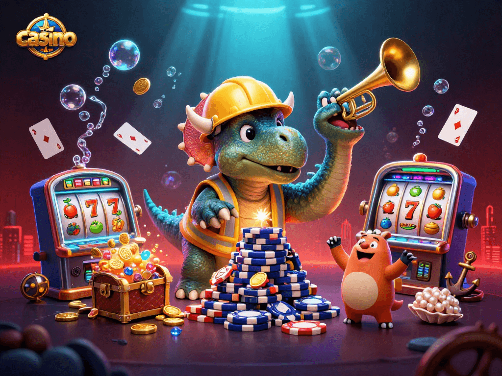 Experience the vibrant casino with 3D dinosaurs celebrating wins amidst glowing treasure!