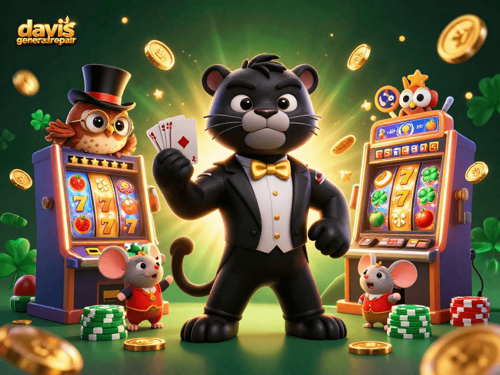 Davisgeneralrepair offers a vibrant scene with a stylish panther dealer amidst lively slot machines, enhancing the gaming experience.