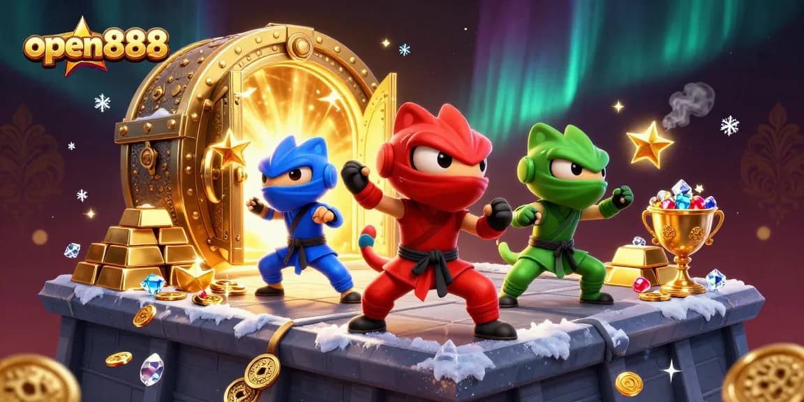 Open888 showcases ninja chameleons amidst riches, featuring dynamic symbols of fortune and fun.