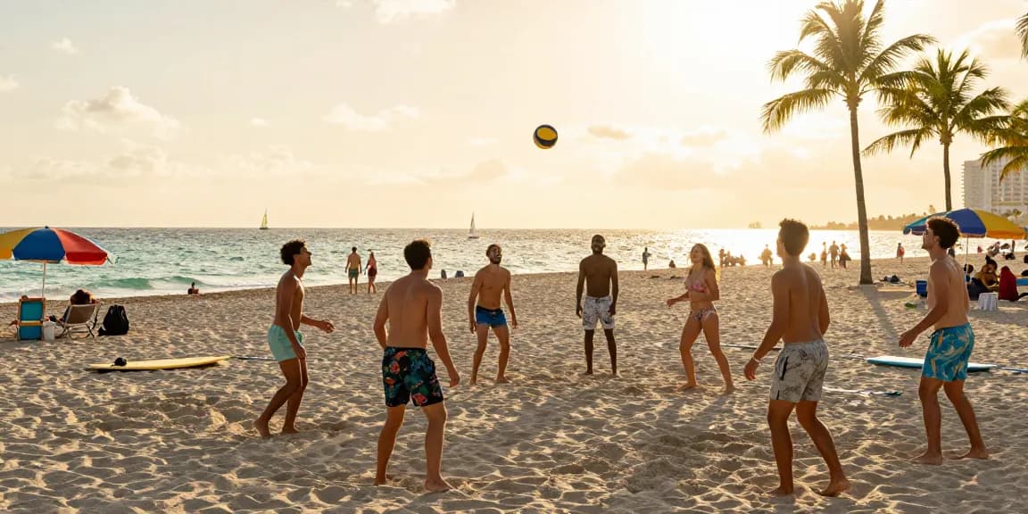 Tempat wisata Miami yang ceria, teman-teman bermain voli pantai di https://miami4d.com/ saat matahari terbenam