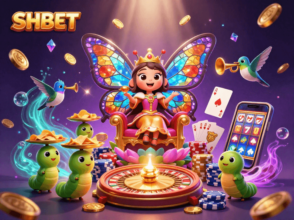 SHBET casino scene showcasing a butterfly queen and game elements in vibrant detail.