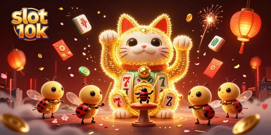 Engage with slot 10k gameplay in this vibrant, detailed 3D illustration of a lucky cat made of golden fireflies.