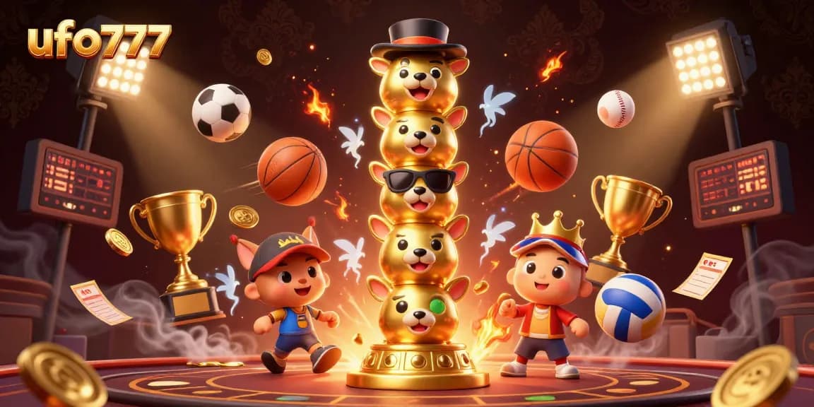 Engage with ufo777's vibrant casino experience featuring dynamic sports elements and a golden totem pole.