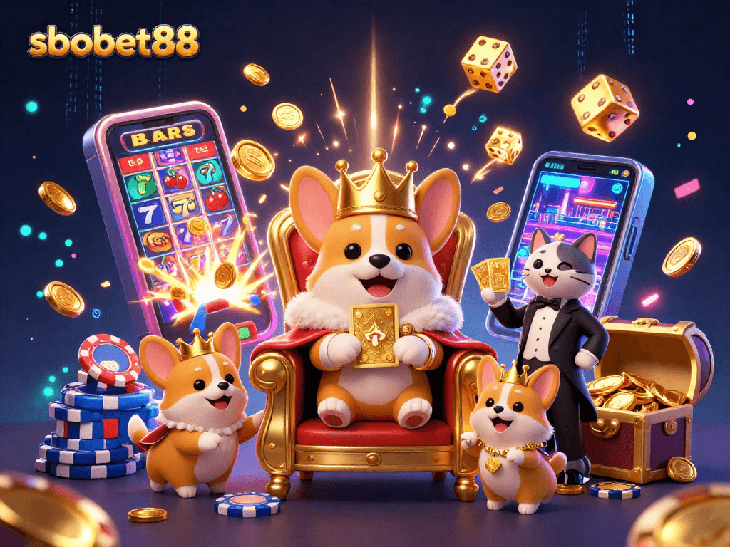 Experience high stakes with sbobet88 in this vibrant 3D casino illustration showcasing thrilling gaming elements.