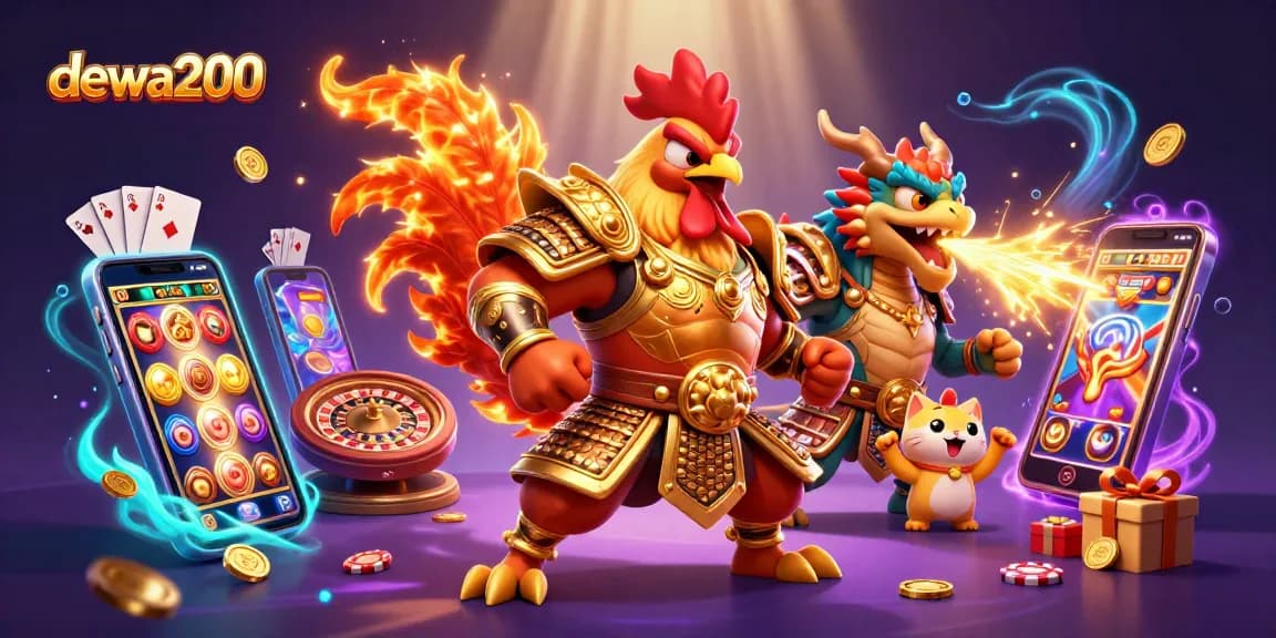 Gambar dewa200 menampilkan ayam petarung dan naga kecil di kasino dengan efek magis.