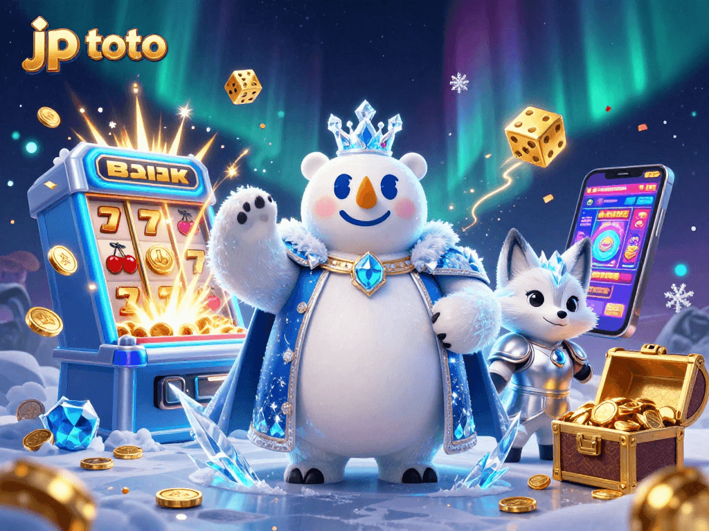 Spin to win with jp toto in a vibrant 3D scene filled with slots, coins, and a frozen adventure.